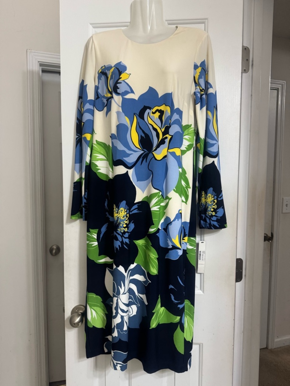 Maggy London Cream Midi Dress with Blue, Navy & Green Floral Print